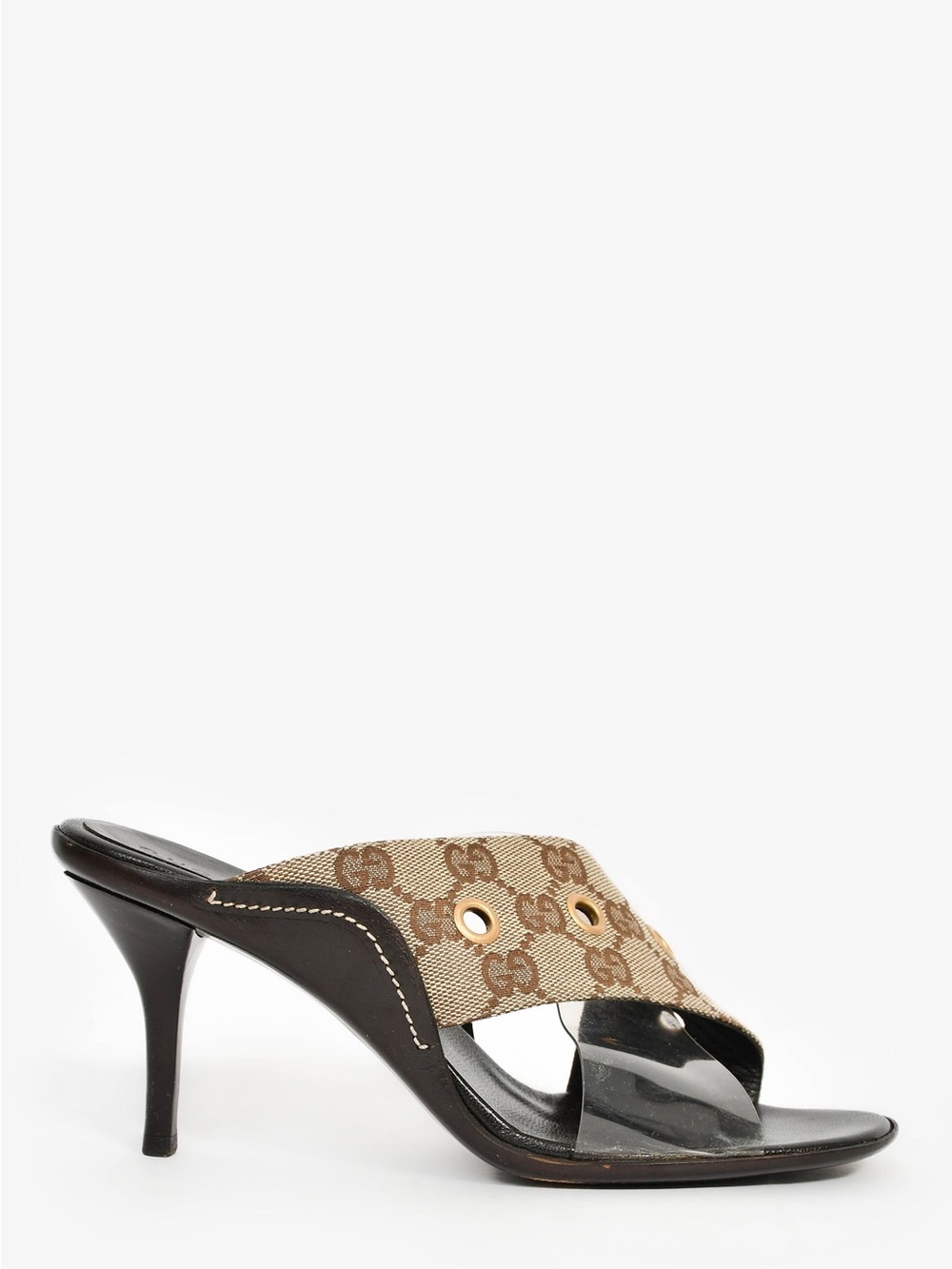 Vintage Gucci GG Supreme Monogram Canvas Clear PVC Heeled Mule Sandals EU 39.5